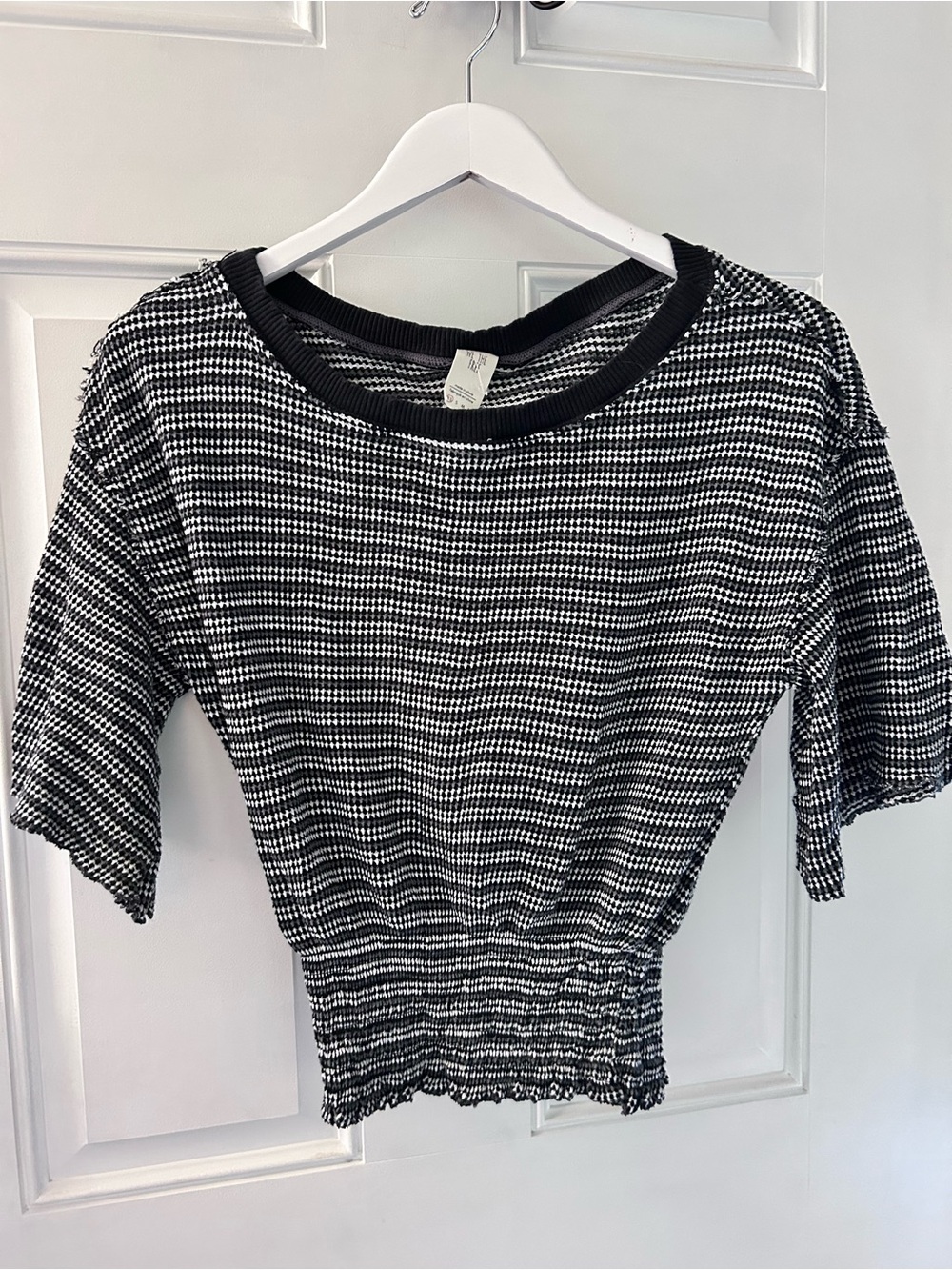 We The Free Black & White Smocked Hem Short Sleeve Top